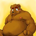  2008 anthro belly blush bodily_fluids brown_body brown_fur fur kemono kisukemk777 low_res male mammal moobs nipples overweight overweight_anthro overweight_male sitting solo sweat ursid 