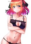  1girl bad_id bad_twitter_id black_bra black_panties black_ribbon blue_eyes bra breast_hold breasts butterfly_hair_ornament cat_cutout cat_ear_panties cat_lingerie closed_mouth crossed_arms frown go-toubun_no_hanayome gradient_hair hair_ornament highres looking_at_viewer medium_breasts meme_attire multicolored_hair nakano_nino navel panties pink_hair red_hair ribbon short_hair solo sunhyun underwear underwear_only 