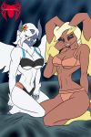  absol anthro bikini blue_body breasts brown_body brown_fur claws clothing duo female fur hi_res horn kneeling knightmoonlight98 lopunny multicolored_body multicolored_fur nintendo open_mouth open_smile pok&eacute;mon pok&eacute;mon_(species) simple_background smile swimwear teeth two_tone_body two_tone_fur video_games white_body white_fur wings yellow_body yellow_fur 