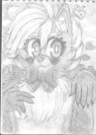  anthro black_and_white blush brown_body brown_fur canid canine cute_expression cute_face cute_fangs don_random first_person_view fluffy fox fur greyscale hair hi_res logan_grey looking_at_viewer macro male mammal monochrome ribbons simple_background smile solo white_hair yellow_body yellow_fur 