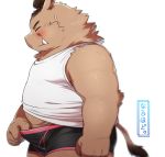  2018 anthro belly blush brown_body brown_fur clothing eyes_closed fur hinami japanese_text kemono male mammal overweight overweight_anthro overweight_male solo suid suina sus_(pig) text underwear wild_boar 