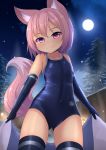  1girl absurdres animal_ear_fluff animal_ears black_gloves black_legwear blue_swimsuit blurry blurry_background elbow_gloves fox_ears fox_tail full_moon gloves highres hotel01 looking_at_viewer moon night one-piece_swimsuit onsen original pink_eyes pink_hair school_swimsuit short_hair smile solo sorbet_(hotel01) standing swimsuit tail thighhighs towel tree 