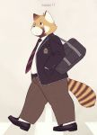  2017 ailurid anthro bottomwear clothing hi_res kemono male mammal necktie pants red_panda shirt simple_background solo topwear zuppu11 