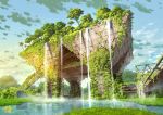  artist_logo blue_sky building circle_name cloud cloudy_sky commentary_request day english_text grass highres ivy no_humans original outdoors overgrown post-apocalypse ruins scenery sky tokyo_big_sight tokyogenso tree water waterfall 