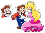  1boy 1girl ? blonde_hair blue_eyes boots bowing brown_hair cheek_pinching cheek_pull closed_eyes crown drawloverlala dress earrings elbow_gloves facial_hair from_behind gem gloves hand_on_own_chest hat hat_removed headwear_removed human_shield jewelry kneeling mario mario_(series) mustache nintendo overalls petticoat pinching pink_dress pink_footwear princess_peach red_shirt shirt shoulder_pads simple_background super_mario_bros. upper_body white_background white_gloves 