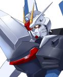  absurdres close-up cosmikaizer english_commentary freedom_gundam gundam gundam_seed highres looking_down mecha no_humans parody redesign solo style_parody v-fin white_background yellow_eyes yuusha_series 