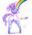  2020 absurd_res anthro big_breasts big_butt breasts butt clothing curvy_figure equid equine female footwear hair hi_res high_heels horn hourglass_figure lemonart looking_back mammal purple_hair rainbow rear_view shirt shoes side_boob simple_background solo solo_focus sparkles thick_thighs topwear unicorn voluptuous wide_hips 