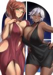  2girls asymmetrical_docking black_dress blush borrowed_character breast_press breasts brown_hair cleavage commission curvy dark_elf dress elf eyebrows fang fang_out green_eyes height_difference highres huge_breasts large_breasts looking_at_viewer multiple_girls night night_sky original packge pointy_ears ponytail red_dress red_eyes short_hair sky smile symmetrical_docking white_hair window 