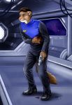  anthro blood bodily_fluids clothing conditional_dnp gun hi_res male mammal mink moodyferret mustelid musteline pain ranged_weapon sandy science_fiction solo space spacecraft uniform vehicle weapon wounded 