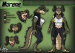  anthro bethesda_softworks breasts cleavage clothed clothing collar curved_horn deathclaw english_text fallout fan_character fangs fenake horn leather leather_vest morene_(oc) pupils red_eyes sharp_teeth slit_pupils solo spiked_collar spikes teeth text topwear torn_clothing vest video_games 