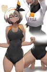  1girl bangs barefoot bea_(pokemon) black_bodysuit black_hairband blue_eyes bodysuit bodysuit_under_clothes bow_hairband breasts cleavage clenched_hand collarbone collared_shirt commentary_request dark_skin grey_hair gym_leader hair_between_eyes hairband hands_up highres medium_hair multiple_views open_mouth pokemon pokemon_(game) pokemon_swsh print_shirt shirt short_sleeves spread_legs squatting teeth tied_shirt tiptoes toes tongue yuuyuu_(yuuki1771) 