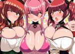  3girls :d :o ;) =_= azur_lane bangs bare_shoulders blunt_bangs blush breasts bremerton_(azur_lane) cleavage collarbone commentary_request eyebrows_visible_through_hair hair_intakes highres honolulu_(azur_lane) large_breasts looking_at_another looking_at_viewer midriff multicolored multicolored_background multiple_girls one_eye_closed open_mouth side-by-side sidelocks smile standing takanotsume underboob upper_body zara_(azur_lane) 