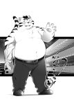  2015 anthro belly bottomwear clothing eyes_closed eyewear felid feline glasses hinami humanoid_hands kemono male mammal overweight overweight_anthro overweight_male pants solo 