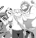  2015 anthro belly bottomwear canid canine canis clothing domestic_dog eyewear felid feline glasses group hinami humanoid_hands kemono lion male mammal overweight overweight_male pantherine pants shirt simple_background topwear white_background young 