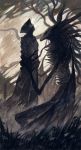  1boy 1other absurdres black_hair bloodborne coat eldritch_abomination flower grass hat highres holding hunter_(bloodborne) moon moon_presence tricorne xinuo223 