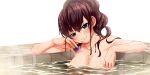  1girl :3 areolae bathing blue_eyes blush bottle breasts brown_hair collarbone commentary_request hadome holding holding_bottle ichinose_shiki idolmaster idolmaster_cinderella_girls idolmaster_cinderella_girls_starlight_stage large_breasts long_hair looking_at_viewer nude partially_submerged ponytail solo upper_body water wavy_hair wet 