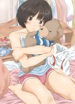  1girl amagami barefoot blush brown_eyes brown_hair highres keisuke_(0320030103200301) looking_at_viewer object_hug pink_shorts short_hair shorts smile solo strapless_shirt stuffed_animal stuffed_toy tachibana_miya teddy_bear 