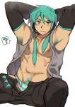  1boy ? armpit_hair armpits bare_shoulders belt black_pants blush boots briefs bulge chest detached_sleeves genderswap genderswap_(ftm) green_eyes green_hair hatsune_miku highres looking_at_viewer male_focus male_underwear muscle nail_polish navel necktie open_clothes open_pants pants pectorals raised_eyebrow short_hair solo spoken_question_mark st05254 sweatdrop underwear undressing vocaloid 