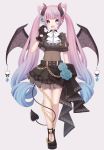  1girl :d absurdres animal_ear_fluff animal_ears black_bow black_footwear black_gloves black_shirt black_skirt blue_eyes blue_flower blue_hair blue_rose blush bow breasts brown_wings chain chibi claw_pose commentary_request copyright_request curled_horns demon_girl demon_horns demon_tail demon_wings ear_piercing earrings fang flower frilled_skirt frills full_body gloves gradient_hair grey_background hand_up heart heart_earrings heterochromia highres horns jewelry long_hair multicolored_hair open_mouth piercing pink_hair plaid plaid_skirt pleated_skirt puffy_short_sleeves puffy_sleeves red_eyes rose sapphire_(sapphire25252) shirt shoes short_sleeves sidelocks simple_background skirt small_breasts smile standing stud_earrings tail twintails unmoving_pattern very_long_hair virtual_youtuber wings 