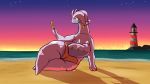  absurd_res anthro beach big_butt bikini bikini_bottom butt clothed clothing digital_media_(artwork) dragon female food goodra goopyarts_(artist) hi_res huge_butt looking_at_viewer looking_back nintendo outside overweight overweight_anthro overweight_female partially_clothed pok&eacute;mon pok&eacute;mon_(species) popsicle seaside skimpy slightly_chubby smile solo swimwear thick_thighs topless vamira_(goopyarts) video_games wide_hips 