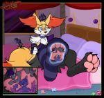  4_toes absurd_res anthro bed bedroom braixen clothing feet foot_fetish foot_focus furniture group hi_res inside_clothing legwear male male/male micro nintendo pawpads pok&eacute;mon pok&eacute;mon_(species) soles thigh_highs toes trapped_in_socks video_games yumiakiyama 