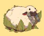  artist_name cauliflower cindy_(pigeoncindy_) closed_eyes closed_mouth commentary gen_8_pokemon green_background highres horns no_humans pokemon pokemon_(creature) sheep smile wooloo 