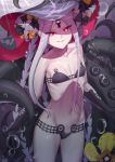  1girl abigail_williams_(fate/grand_order) abigail_williams_(swimsuit_foreigner)_(fate) bangs bare_shoulders bikini black_bikini black_bow bow breasts collarbone creature double_bun fate/grand_order fate_(series) forehead glowing glowing_eye grin highres kakeku keyhole long_hair looking_at_viewer multiple_bows navel orange_bow parted_bangs red_eyes sidelocks small_breasts smile swimsuit tentacles thighs third_eye underwater very_long_hair white_hair white_skin 