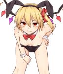  1girl animal_ears bangs bare_shoulders black_hairband black_leotard bow bowtie bunny_ears bunnysuit commentary_request detached_collar eyebrows_visible_through_hair fake_animal_ears flandre_scarlet hair_between_eyes hair_ribbon hairband hand_on_hip highres leaning_forward legs_apart leotard looking_at_viewer miyo_(ranthath) red_bow red_eyes red_neckwear ribbon side_ponytail simple_background solo sweat touhou white_background wings wrist_cuffs 
