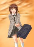  1girl amagami bag brown_eyes charm_(object) coat commentary_request grey_coat keisuke_(0320030103200301) kibito_high_school_uniform kneehighs long_sleeves medium_hair open_clothes open_coat open_mouth sakurai_rihoko school_bag school_uniform smile solo white_legwear 