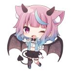  1girl ;d absurdres animal_ear_fluff animal_ears bangs black_footwear black_skirt blue_bow blue_hair blue_jacket bow brown_wings chibi collared_shirt copyright_request demon_girl demon_horns demon_tail demon_wings dress_shirt ear_piercing earrings eyebrows_visible_through_hair fang frilled_skirt frills full_body gradient_hair grey_legwear heart_ring highres horns jacket jewelry long_sleeves midriff multicolored_hair navel one_eye_closed open_clothes open_jacket open_mouth piercing pink_hair purple_eyes sapphire_(sapphire25252) shirt shoes simple_background skirt sleeves_past_wrists smile solo standing standing_on_one_leg stud_earrings tail thigh_strap thighhighs virtual_youtuber white_background white_bow white_shirt wings 