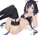  1girl animal_ear_fluff animal_ears ass bangs bare_shoulders black_bra black_hair black_legwear black_panties blush bow bra breasts cat_ears cat_girl cat_tail collarbone commentary_request eyebrows_visible_through_hair fang green_eyes hair_bow inanami karyl_(princess_connect!) knees_up long_hair looking_at_viewer low_twintails lying multicolored_hair on_back open_mouth panties princess_connect! princess_connect!_re:dive purple_bow small_breasts solo streaked_hair tail tearing_up thighhighs twintails underwear underwear_only white_background white_hair 