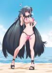  1girl areola_slip areolae azur_lane beach bikini black_bikini black_footwear black_hair blue_eyes blush breasts breasts_outside censored cleavage closed_mouth cloud commentary covered_nipples crotch_peek day deutschland_(azur_lane) deutschland_(service_time?!)_(azur_lane) eyebrows_visible_through_hair flower flower_censor front-tie_bikini front-tie_top full_body hair_flower hair_ornament hair_ribbon hand_on_hip hand_up long_hair looking_at_viewer low_twintails medium_breasts multicolored_hair navel ocean outdoors p.i.t.d red_hair red_ribbon ribbon side-tie_bikini sky smile solo streaked_hair swimsuit twintails very_long_hair white_hair 