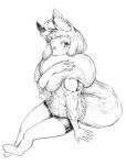  1girl ahoge animal_ear_fluff animal_ears barefoot bike_shorts fox_ears fox_girl fox_tail greyscale hikimayu invisible_chair jaco monochrome off_shoulder one_eye_closed original short_shorts shorts sitting solo tail thick_eyebrows white_background 