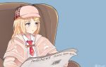  1girl blonde_hair blue_eyes copyright_name detective eyebrows_visible_through_hair hat highres hololive hololive_english meme mustache_print necktie newspaper shuuzo3 sitting solo tom_and_jerry tom_reading_the_newspaper virtual_youtuber watson_amelia 
