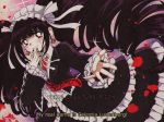  1990s_(style) 1girl artist_name bell_sleeves big_hair black_dress black_hair black_nails blush celestia_ludenberck commentary criis-chan danganronpa danganronpa_1 dress drill_hair dutch_angle earrings english_commentary film_grain frilled_dress frilled_hairband frills gothic_lolita hairband hand_on_own_face jewelry layered_dress lolita_fashion neck_ribbon necktie oldschool outstretched_hand parody petals red_eyes red_neckwear ribbon shaded_face shirt sidelocks solo sparkle spoilers style_parody sweat takeuchi_naoko_(style) tumblr_username v-shaped_eyebrows vhs_artifacts watermark web_address white_hairband white_neckwear white_ribbon white_shirt 