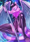  2020 anthro blue_eyes clothed clothing digital_media_(artwork) dragon feathered_wings feathers fur furred_dragon hi_res horn knight_dd male open_mouth pink_body pink_fur teeth tongue wings 