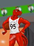 4_fingers anatomically_correct anthro ball balls basketball basketball_(ball) biceps claws clothed clothing dinosaur dromaeosaurid erection fangs fingers genitals hi_res jersey knot male markings mascot nba penis red_body reptile scale_markings scales scalie skunkhotel smile smooth_skin snout solo sport teeth text text_on_clothing text_on_topwear the_raptor theropod topwear toronto toronto_raptors 