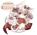  1girl :o animal_ear_fluff animal_ears bangs black_bow blush boots bow brown_kimono capelet cat_ears chibi commentary_request cross-laced_footwear eyebrows_visible_through_hair frilled_capelet frilled_sleeves frills full_body grey_eyes grey_hair hair_between_eyes hair_bow heart japanese_clothes kimono knees_up lace-up_boots long_sleeves looking_at_viewer original parted_lips shikito sitting sleeves_past_fingers sleeves_past_wrists solo twintails white_background white_capelet white_footwear 