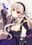  1girl armor black_hairband breasts cape cleavage corrin_(fire_emblem) corrin_(fire_emblem)_(female) crml_orng fire_emblem fire_emblem_fates hairband highres long_hair red_eyes simple_background smile solo stone twitter_username upper_body white_hair 