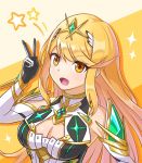  :d bangs blonde_hair bokumon24 breasts chest_jewel cleavage cleavage_cutout dress highres looking_at_viewer medium_breasts mythra_(xenoblade) open_mouth smile striped striped_background swept_bangs tiara v white_background white_dress xenoblade_chronicles_(series) xenoblade_chronicles_2 yellow_eyes 
