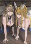  2girls absurdres ahoge all_fours animal_ears artoria_pendragon_(all) artoria_pendragon_(lancer_alter) artoria_pendragon_(swimsuit_ruler)_(fate) artoria_pendragon_(swimsuit_ruler)_(fate)_(cosplay) bangs bare_shoulders black_leotard blonde_hair blue_legwear blue_neckwear braid breasts bunny_ears bunny_tail bunnysuit cleavage cosplay detached_collar fate/grand_order fate_(series) feather_boa fishnet_legwear fishnets french_braid green_eyes hair_between_eyes highleg highleg_leotard highres hood_(james_x) large_breasts leotard long_hair looking_at_viewer multiple_girls necktie parted_lips ponytail sidelocks smile tail thighs tiara white_leotard wrist_cuffs yellow_eyes 