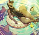  absurd_res anthro arctic_fox bulge camo canid canine clothing fish flak fox hi_res looking_at_viewer male mammal marine one-piece_swimsuit shark solo swimwear yildunstar 