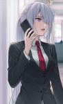  1girl ak-15_(girls_frontline) bangs black_jacket collared_shirt commentary_request curtains formal girls_frontline hair_between_eyes hair_over_one_eye holding holding_phone indoors jacket long_hair open_mouth partial_commentary phone purple_eyes red_neckwear shirt silver_hair standing suit urano_ura white_shirt window 