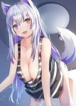  1girl :d absurdres all_fours animal_ear_fluff animal_ears bangs blush breasts ceiling_light cleavage eyebrows_visible_through_hair fang fox_ears fox_girl fox_tail hanging_breasts heterochromia highres indoors kurohikage large_breasts long_hair looking_at_viewer no_pants open_mouth orange_eyes original purple_eyes silver_hair sleeveless smile solo striped tail tank_top very_long_hair 
