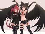  2girls :3 :d ^_^ absurdres alternate_costume animal_ear_fluff animal_ears armpits arms_up bangs bikini bikini_top black_bikini black_bow black_gloves black_hair black_legwear black_shorts black_wings blunt_bangs blush bow bracelet braid breasts buckle cat_ears cat_girl cat_tail chest_jewel cleavage cleavage_cutout closed_eyes closed_mouth commentary_request commission elbow_gloves erection facing_viewer feathered_wings garter_straps gem gloves grey_background hair_bow highres jewelry kaenbyou_rin latex long_hair looking_at_viewer medium_breasts mixed-language_commentary multiple_girls multiple_tails navel open_mouth red_eyes red_hair reiuji_utsuho senzaicha_kasukadoki short_shorts shorts sidelocks simple_background small_breasts smile stomach swimsuit tail thigh_gap thigh_strap thighhighs touhou twin_braids two_tails wings 