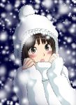  1girl amagami blush brown_eyes brown_hair commentary_request fur-trimmed_shirt fur_trim hands_up keisuke_(0320030103200301) long_sleeves open_mouth shirt short_hair snowing solo tachibana_miya white_headwear white_shirt winter_clothes 