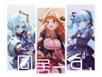  3girls ahoge akabino amane_kanata blue_eyes blue_hair breasts cleavage commentary_request gem hat highres hololive horns hoshimachi_suisei kiryuu_coco large_breasts looking_at_viewer multiple_girls open_mouth orange_hair purple_eyes red_eyes short_hair side_ponytail silver_hair virtual_youtuber 