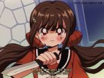  1girl artist_name bangs black_sailor_collar blunt_bangs bow brown_hair clenched_teeth collarbone commentary criis-chan crying crying_with_eyes_open danganronpa english_text film_grain hair_ornament hairpin harukawa_maki holding holding_knife holding_weapon indoors knife long_hair mosaic neck_ribbon new_danganronpa_v3 parody red_eyes red_shirt ribbon sailor_collar school_uniform serafuku shirt sidelocks sleeves_rolled_up solo spoilers stained_glass style_parody subtitled takeuchi_naoko_(style) tears teeth tumblr_username twintails v-shaped_eyebrows vhs_artifacts watermark weapon web_address white_bow white_neckwear yuushinkan_high_school_uniform 