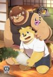  2016 anthro blue_eyes blush bottomwear brown_body brown_fur canid canine canis clothing cute_fangs domestic_dog duo eyewear felid food fur glasses hinami kemono lion male mammal overweight overweight_male pantherine shirt shorts sitting topwear young 