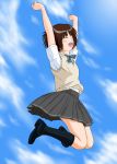  1girl amagami arms_up black_footwear black_legwear blue_sky blush clenched_hands closed_eyes commentary_request grey_skirt highres jumping keisuke_(0320030103200301) kibito_high_school_uniform kneehighs loafers open_mouth pleated_skirt school_uniform shoes short_sleeves skirt sky smile solo sweater_vest tachibana_miya 